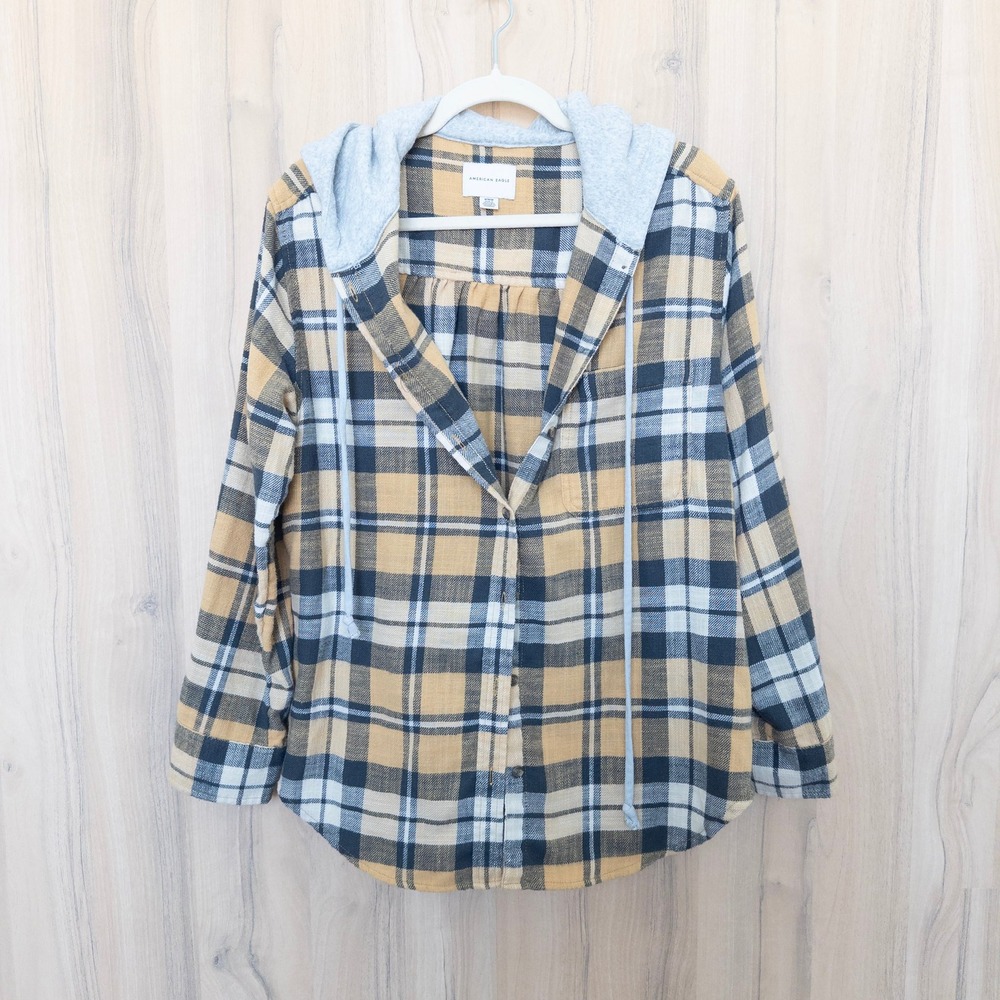 Y2K American Eagle Womens Hooded Flannel Shirt Sz M Yellow Plaid Grunge Gorpcore